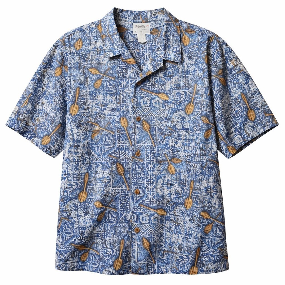 Vtg NANILOA By Lamco Hawaiian Short Sleeve Button-Up Shirt Sz XL Blue Floral AOP